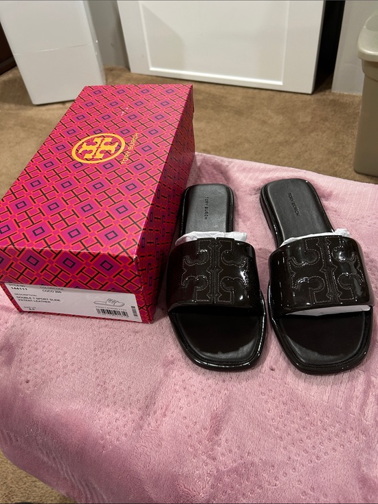 Tory Burch Shoes - Tory Burch Coco Patent Logo Slide Sandals with Box